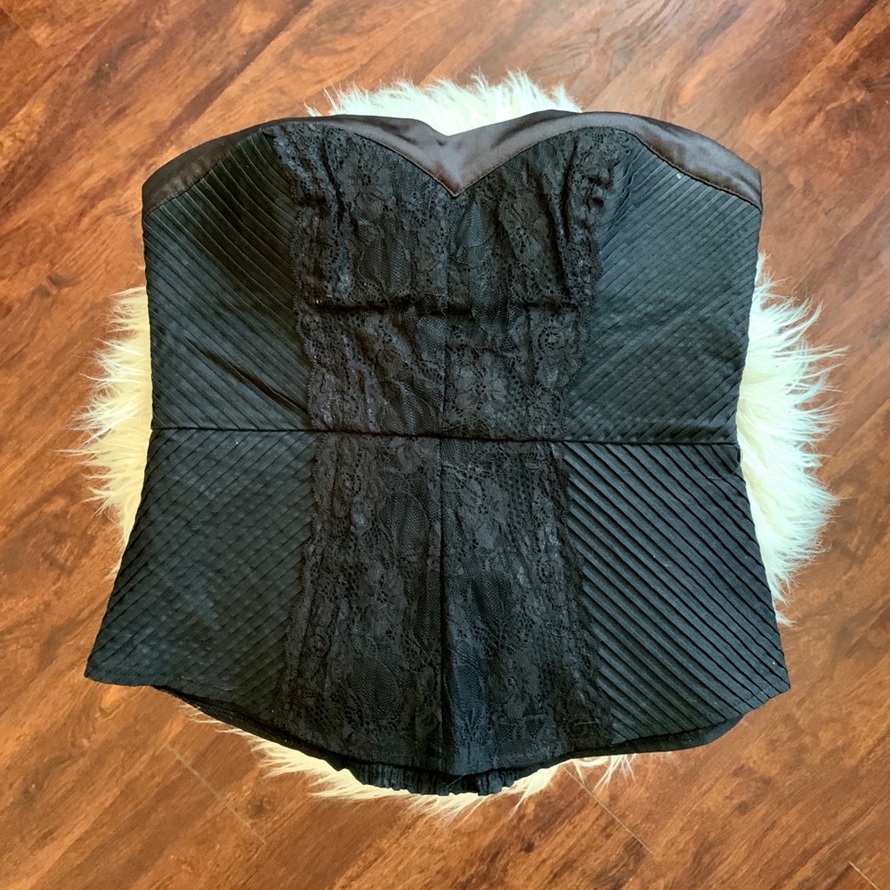 bebe Black Strapless Lace-Trim Corset Crop Top